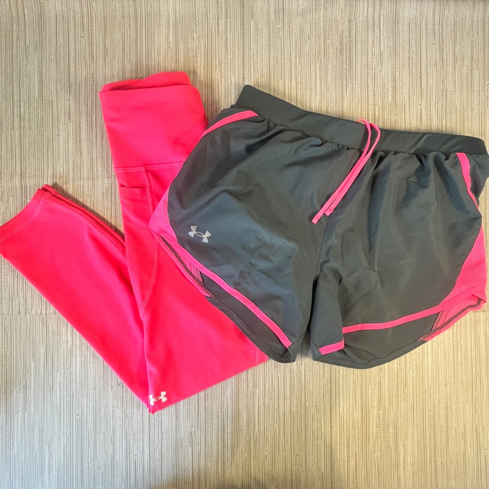 Under Armour Womens Medium Pink Compression Leggings and Grey Running Shorts Set